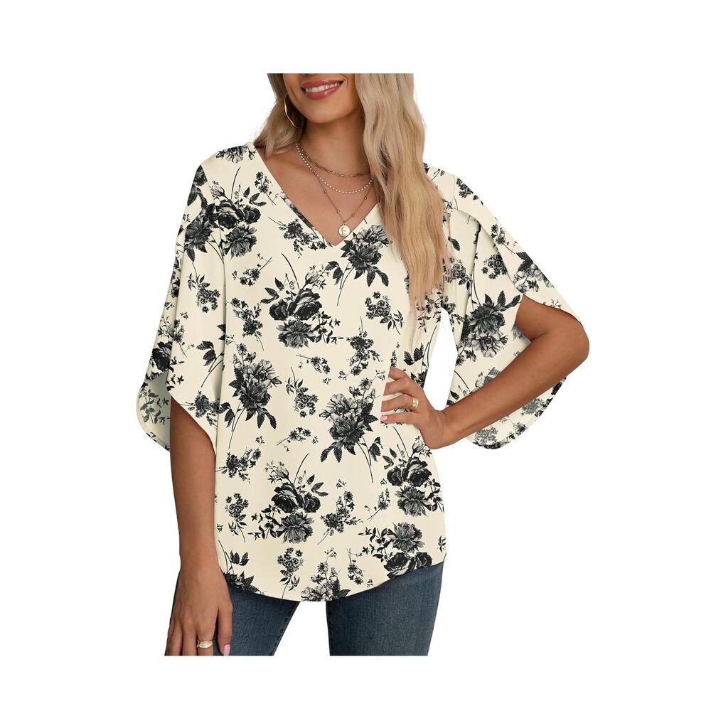 Jouica Blouses Casual Chiffon Top 3/4 Ruffled Sleeve Blouse Small